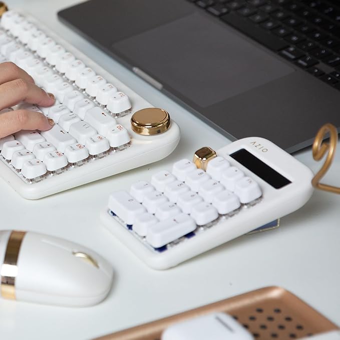 AZIO IZO Wireless Mechanical Calculator & Number Pad (White/Gold) - Bluetooth 5.0 & USB, Gateron-Blue Mechanical Switch, 9 Backlight Modes, Rechargeable, PC & Mac Compatible, White Blossom (IN103)