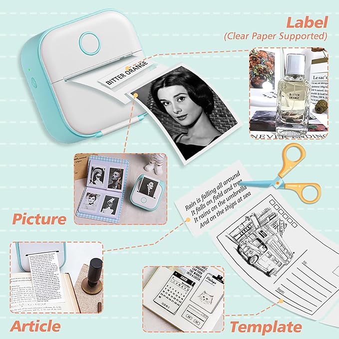 Memoking Sticker Printer - Mini Thermal Sticker Printer, T02 Inkless Pocket Label Maker, Bluetooth Portable Photo Printer, Instant Print Perfect for Students School Supplies,Flashcards, Journals
