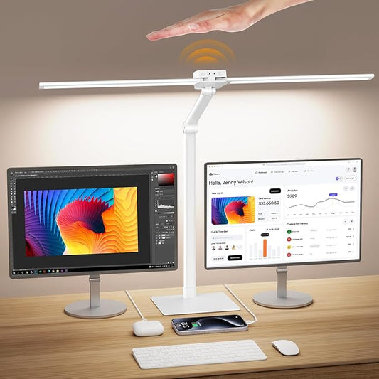 Syrinx Table Lamp, 24W Desk Lamp for Home Office with Gesture Sensor Switch and Touch Control, Eye-Caring Double Head LED Table Lamp with 25 Light Modes Adjustable Desk Light with Metal Base