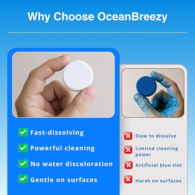OceanBreezy Automatic Toilet Bowl Cleaner Tablets, Bleach & Oxidation Formula for Powerful Cleaning, Deodorizing & Descaling, Long-Lasting Slow-Release Toilet Tank Cleaner, Septic Safe, 24 Tablets