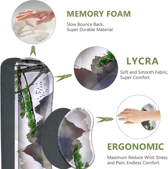 AIMSA Large Gaming Mouse Pad Set, Keyboard Wrist Rest Support + Extended Mouse Pad + Mouse Wrist Cushion + Coaster, Ergonomic Memory Foam Desk Mat 35x15.7in Anti-Slip Base (Pine Tree Mountains)