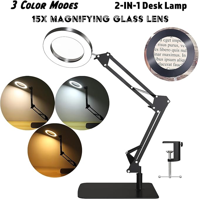 15X Magnifying Glass with Light, Table Lamp with Stand and Clamp, 2-in-1 LED Desk Lamp with Magnifier, 3 Color Modes, 72 LEDs, Real Glass Lens for Close Works, Craft, Hobby, Painting, Reading, Repair