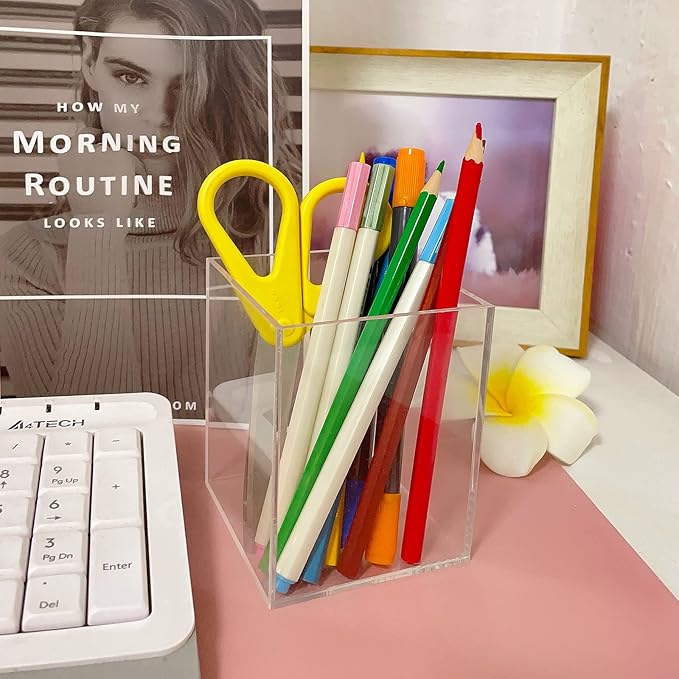 8 Pieces Clear Acrylic Pen Holder Acrylic Pencil Cup Clear Makeup Bush Holder Acrylic Desktop Stationery Organizer for Office School Home Desk Accessories (8 Pack, Square)