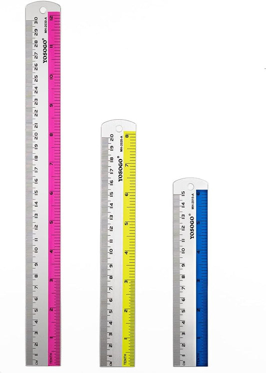 Set of 3 Aluminum Rulers of 6”, 8”, 12” in Inch and cm Scale W/Hanging Hole (Random Color)