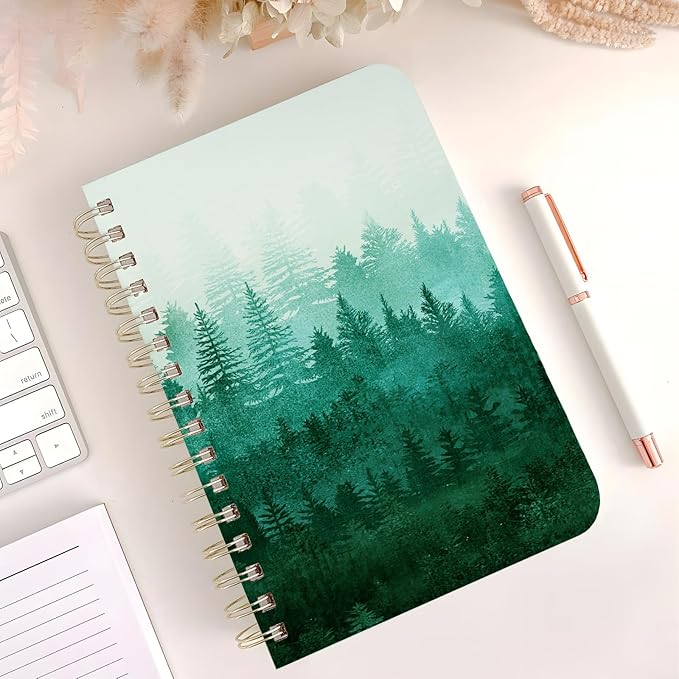 Cute Spiral Notebook journal A5 Aesthetic Pretty Floral Design for Women Girls Kawaii with Pocket, 8.5 x 5.7 inch, Green Forest