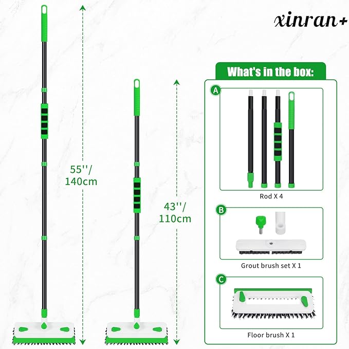 Floor Scrub Brush with Long Handle, 3-in-1 Floor Scrubber Brush with Squeegee Stiff Bristle Deck Brush for Cleaning Tile Bathroom Patio Deck Garage Grout