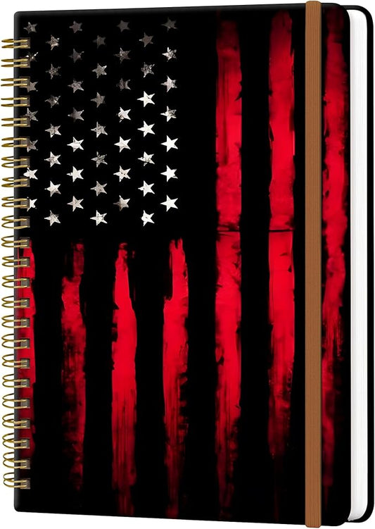 Spiral Journal Notebook for Women, Hardcover A5 College Ruled Notebook, 60 Sheet, Thick Paper, Cute Lined Journal for School, Office & Work, 6 x 8.4 in(Black Red American Flag)