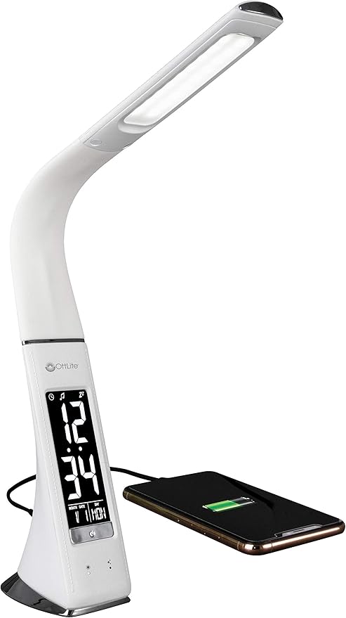OttLite Thrive LED Sanitizing Desk Lamp with Clock and USB Charging - Eliminates up to 99.9% of Bacteria, Touch Activated, Flexible Neck, Modern Light for Reading, Crafting & Office Desktop