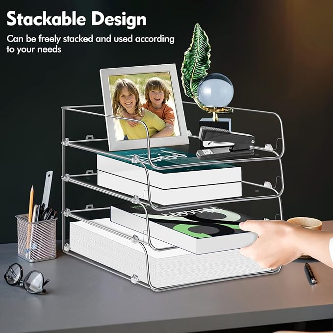 Stackable Paper Trays, 4 Tier Desk File Organizer, Document Letter Tray for Office Supplies, Magazine