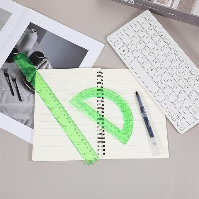 2 PCS 12 Inch Plastic Ruler and 6 Inch Plastic Protractor, Green Clear Ruler Protractor Math Geometry Sets Rulers Angle Finder with Inches and Centimeters for School Classroom Office Drawing Supplies