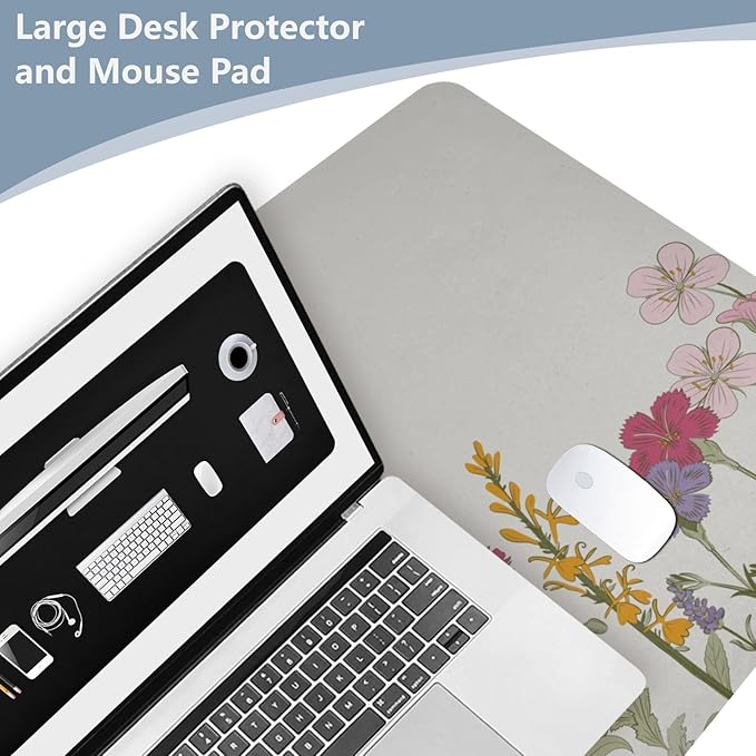 Mouse Pad Desk Mat Leather Desk Pad Large Gaming Desk Cover Protector Mat for Keyboard Computer Laptop Office Waterproof 35.4 x 16.5 Inch Simple Flowers Beige