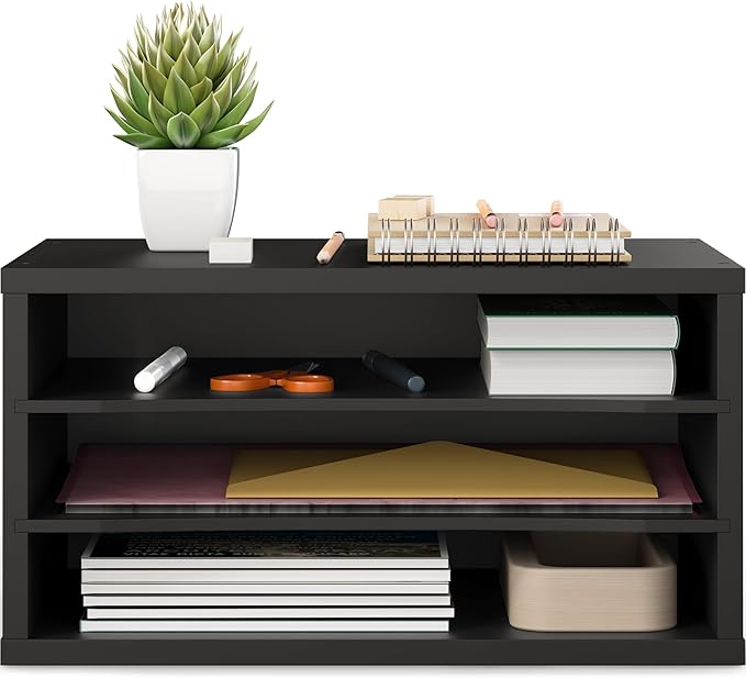 Ballucci Paper Organizer, 3-Tier Stackable Wood Desk Organizer, Document File Organizer and Mail Sorter with Adjustable Storage Shelves, Black