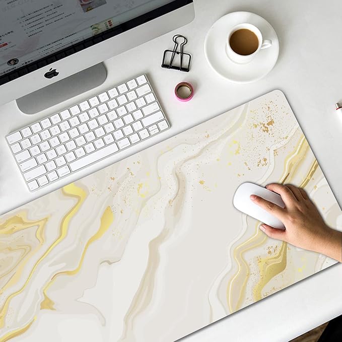 Extended Gaming Mouse Pad (31.5x11.8 in), Large Non-Slip Rubber Base Mousepad,Keyboard Mouse Mat Desk Pad for Work, Game, Office, Home -White Marble and Gold, Bo-M-020