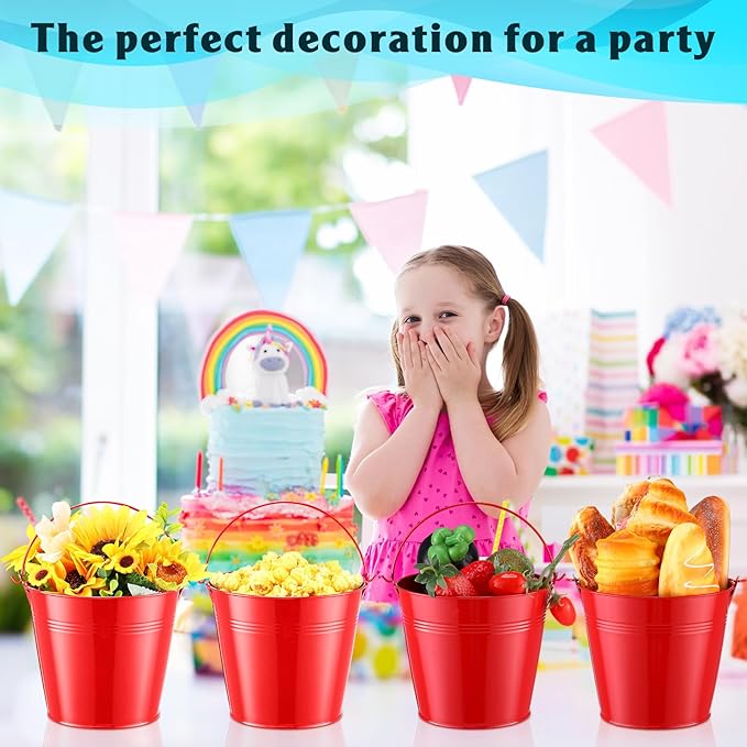 Rtteri 24 Pcs Small Metal Buckets with Handle Mini Buckets Bulk for Easter Party Favors Classroom Pencil Holder Flower Pot Plant Basket for Crafts DIY Projects, 6 x 5 Inch(Red)