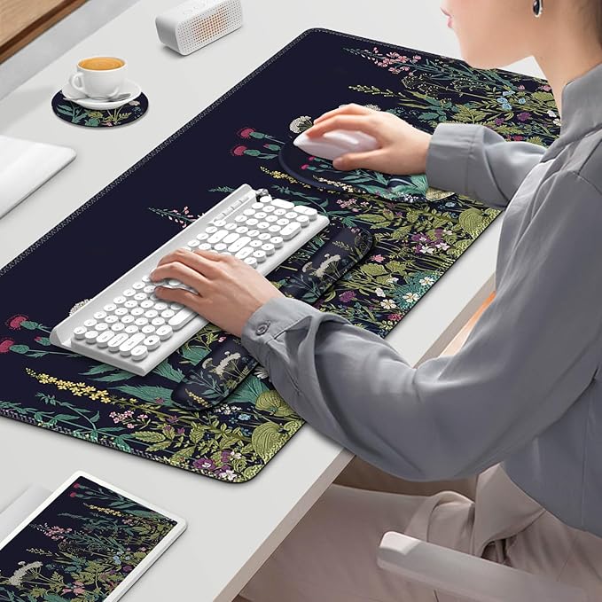 ToLuLu Desk Mat, XXL Large Mouse Pad Wrist Support Set，4 in1 Gaming Mousepad Desk Pad+ Ergonomic Mouse Pad with Wrist Rest + Keyboard Wrist Rest+Coaster for Home Office Computer Table, Weeds Plants