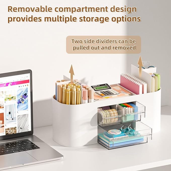 Marbrasse Desk Organizer Pen Holder for Desk with 3 Drawers, Multi-Functional Pencil Holder, Desk Organizers and Accessories with 7 Compartments for Home, School, Classroom(White)
