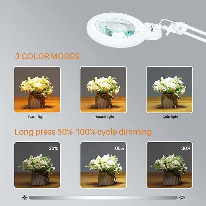 Bifocals Magnifying Desk Lamp with Clamp, 5 Diopter with 20 Diopter, 6 Inch Detachable Lens and 120PCS LEDs, 3 Color Modes 1200 Lumens Swivel Arm Magnifying Lamp with Light for Crafts (White)