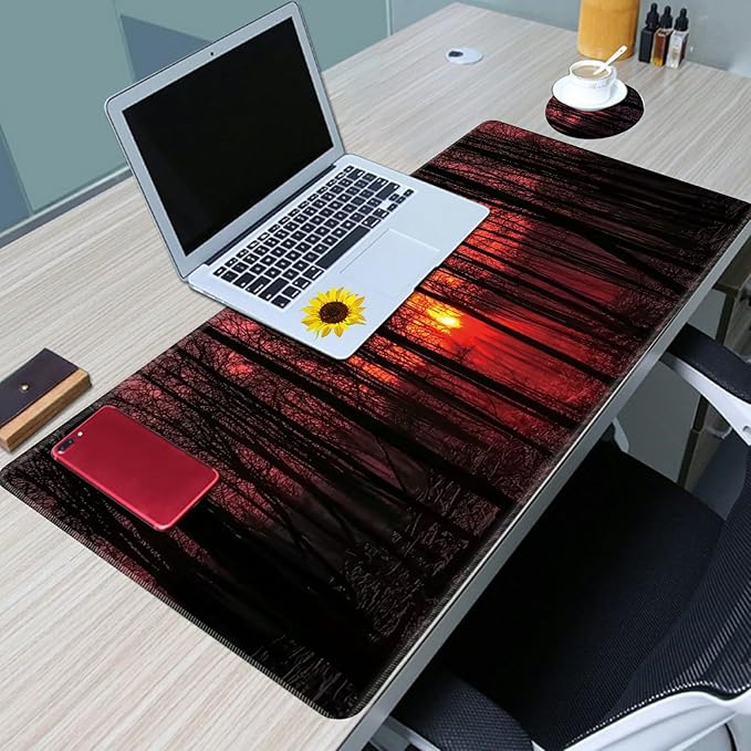 Desk Mat Large Gaming Mouse Pad (31.5x11.8 inch) with Stitched Edges, XL Mouse Pad +Coaster, Extended Mouse Mat Keybroad Mousepad Non-Slip Rubber for Gamer Men Women, Sunset Nature Forest