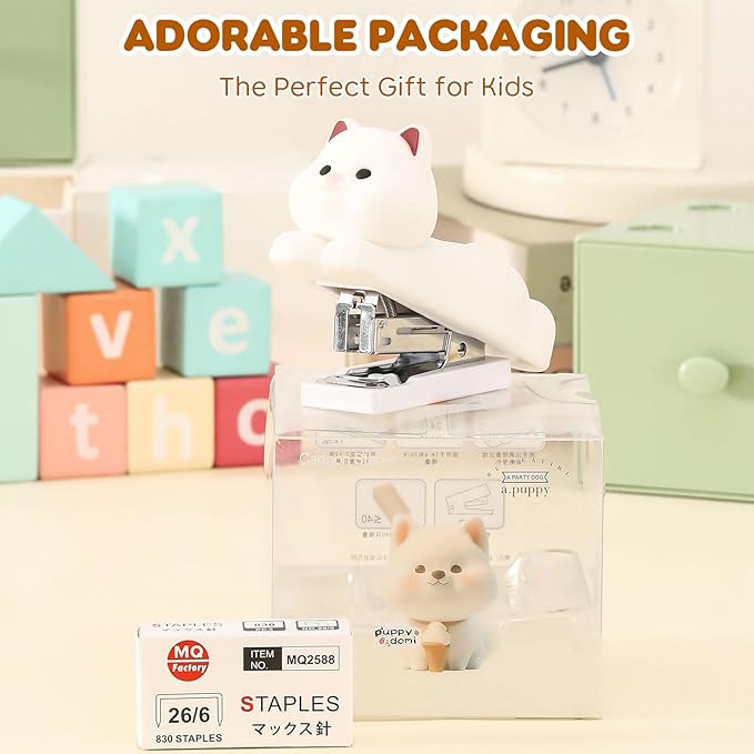 Honagu Mini Cute Animal Stapler with Staples, Cartoon Stereoscopic Silicone (PVC) Stapler, Labor-Saving Office Supplies for Students Kids (White Puppy)