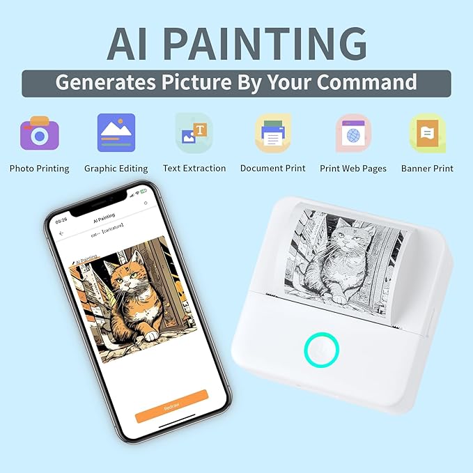 Mini Pocket Sticker Printer Wireless, Wireless Mini Portable Thermal Printers, Small Portable Stickers Printer Inkless 13 Roll Paper for iOS Android APP Pictures DIY Note Memo Gift, White