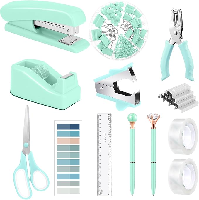 13 in 1 Green Office Supplies, Teal Desk Accessories Teal Office Supplies and Tape Dispenser, Hole Punch, Staple Remover, Stapler, 1000 Staple, Clip, Ruler, Scissor, Tab, Tape, Pen