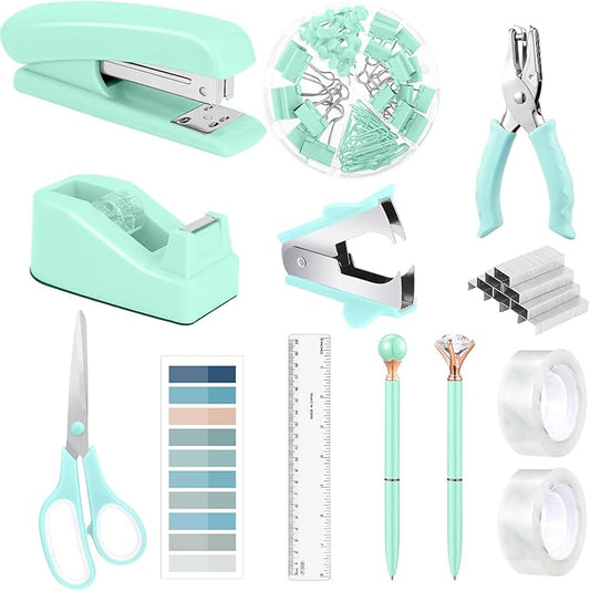 13 in 1 Green Office Supplies, Teal Desk Accessories Teal Office Supplies and Tape Dispenser, Hole Punch, Staple Remover, Stapler, 1000 Staple, Clip, Ruler, Scissor, Tab, Tape, Pen