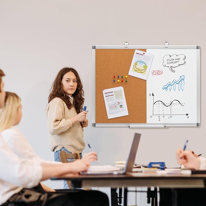 Comix Cork Board Magnetic Dry Erase Board Combo, 36 x 24 Inches Large Whiteboard and Bulletin Board Combination, Aluminum Frame Vision Board with Dry Erase Markers, Magnets, Eraser and Push Pins