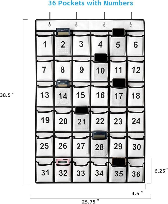 36 Pockets Numbered Classroom Pocket Chart for Cell Phones, Hanging Pocket Chart Storage for Classroom Phone Calculator Holder with 4 Stainless Steel Hooks (White-36pockets)