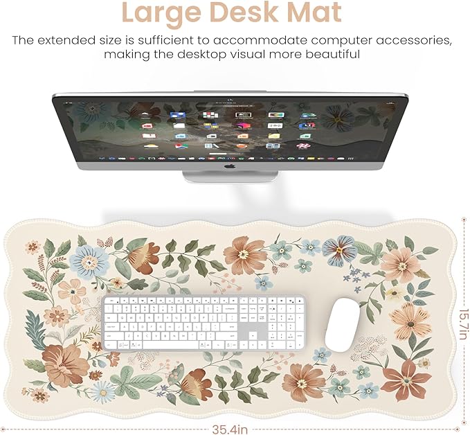 HAOCOO Scalloped Desk Matt for Desktop, Non-Slip Mouse Pad, Washable Cute Desk Pad Mat, Floral Keyboard Mat with Edge Stitching, Large Mouse Mat for Office Aesthetics, Home Decor(Beige)