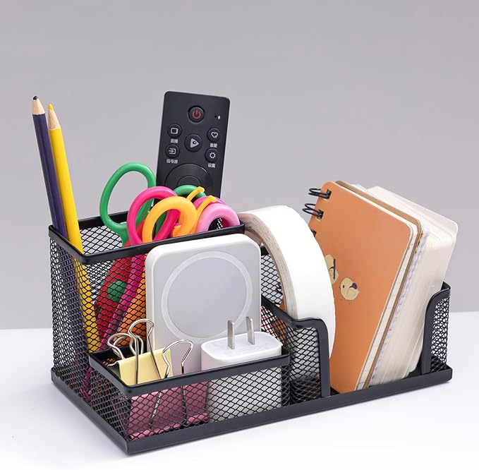 Pen Holder Mesh Metal Pencil Holder Desk Organizers Black for Desk Office with 3 Compartments Pencil Holders,Desktop Storage Caddy Organization,Suitable for School, Home,Black