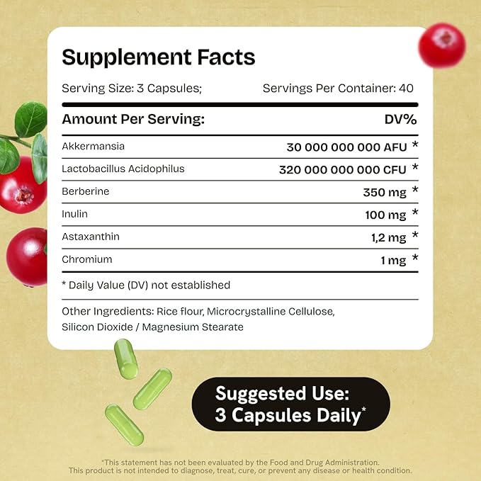 Akkermansia Muciniphila Probiotics 320 Billion CFU| GLP-1 Probiotic and Prebiotic | Akkermansia Probiotics for gut health | Inulin Prebiotic Fiber Capsules Astaxanthin & Berberine & Chromium 240 count