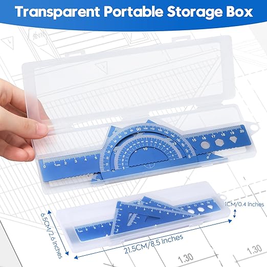 MSDADA Triangle Ruler, Protractor, Square and Ruler Set, 4 Pieces Aluminum Alloy Ruler, Metal Drafting Ruler Kit, Geometric Protractor for Student, School, Home, Office (Blue,20cm/7.87inch)