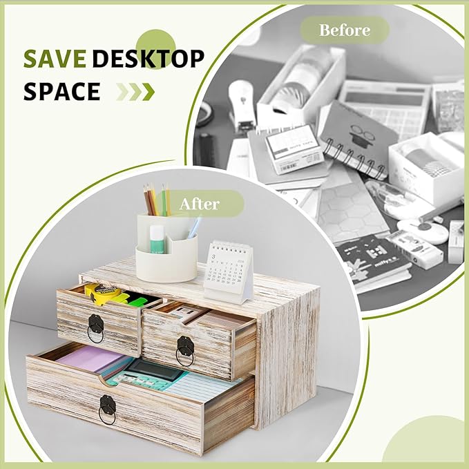 Vintage Wood Desk Organizer, Small Desk Organizer with Drawers, Tabletop Storage Organization Box for Office Home Toiletries Supplies, No Assembly Required (3 Drawer)