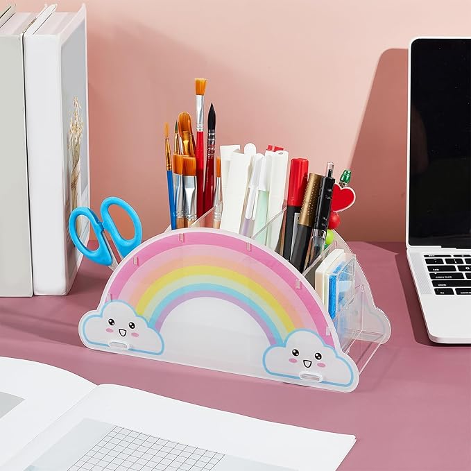 Rainbow Acrylic Desk Organizer Pencil Holder for Desk Art Stationery Supplies Organizer Rainbow Supply Caddy for Home Classroom Office Supplies Birthday Gifts