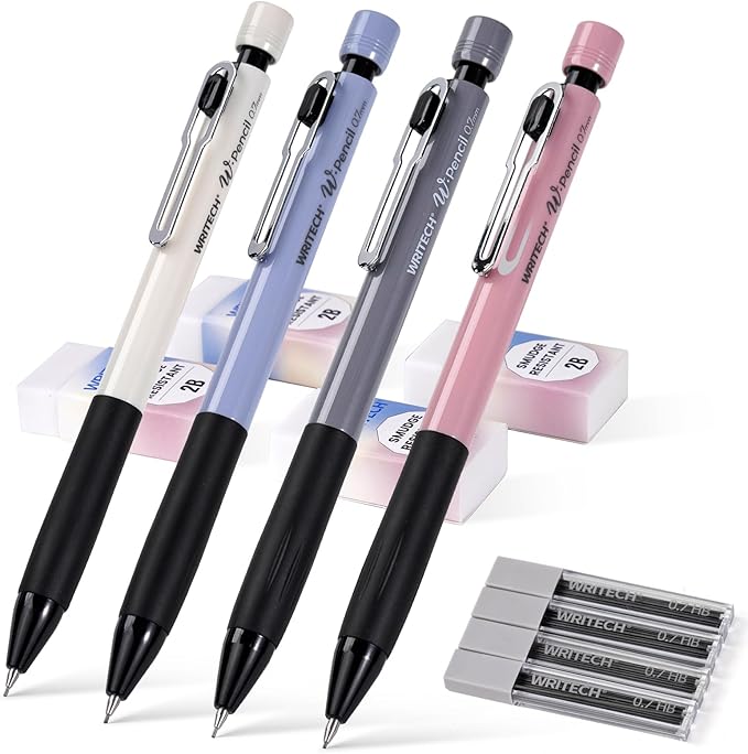 WRITECH Up Mechanical Pencil Set: 4ct Colorful Barrel 0.7mm Mechanical Pencils with 4 Tubes of HB Lead Refills and 4 Extra Erasers for Writing Drawing Sketching Drafting