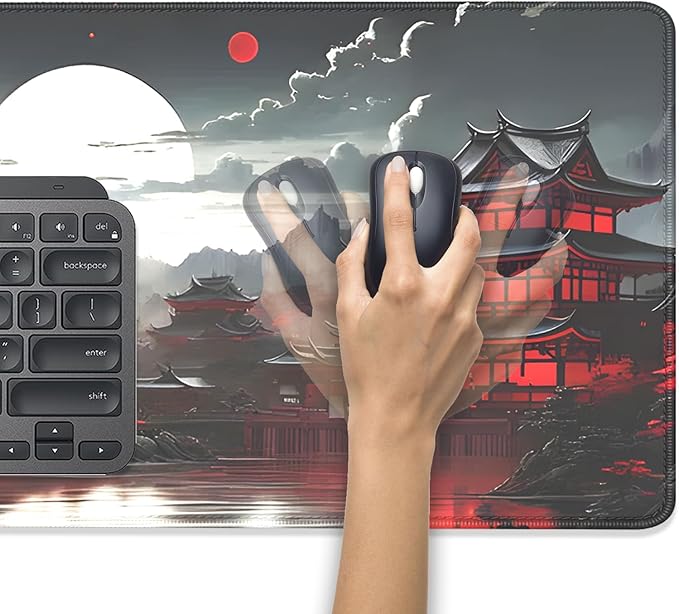 Japanese Riverside Full Moon Desk Pad Mouse Pad,Extended Large Gaming Mouse Mat with Stitched Edges,Non-Slip Waterproof Rubber Base Mousepad for Office Work Home Desk Mat(27.5X11.8 in)