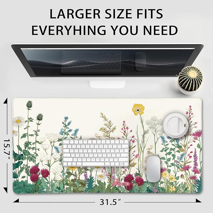 Wildflower Garden Large Gaming Mouse Pad 31.5"x15.7"｜ XXL Desk Mat, Non-Slip Rubber Base & Stitched Edges - Extended Waterproof Mousepad for PC/Laptop/Office/Home Decor