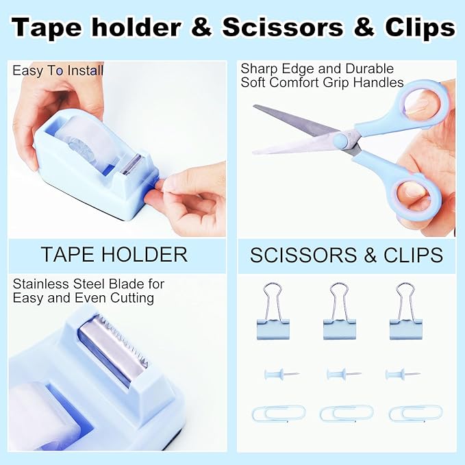 Blue Desk Organizers and Accessories 10Pcs Set with 360-Degree Rotating Pen Holder, Tape Dispenser, Stapler, Staple Remover, 1000 Staples, Tape, Clips Set, Ruler, Scissor, Pen