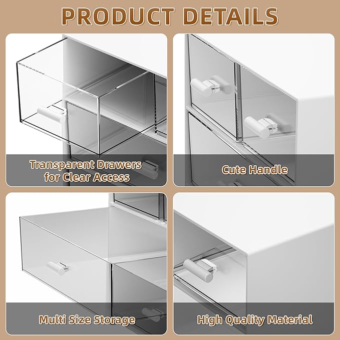 Marbrasse Desk Organizer with 4 Drawers，Office Organization, Clear Plastic Desk Organizers and Storage, Desktop Organizer for Office School Home (White-4 Drawers)