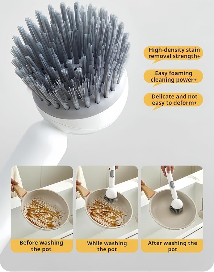 Adjustable Dish Brush with Soap Dispenser, Non-Scratch PET Bristles, Ergonomic Handle, Kitchen Cleaning Tool for Pots, Pans & Sink (Yellow, Short Style-1 Piece)