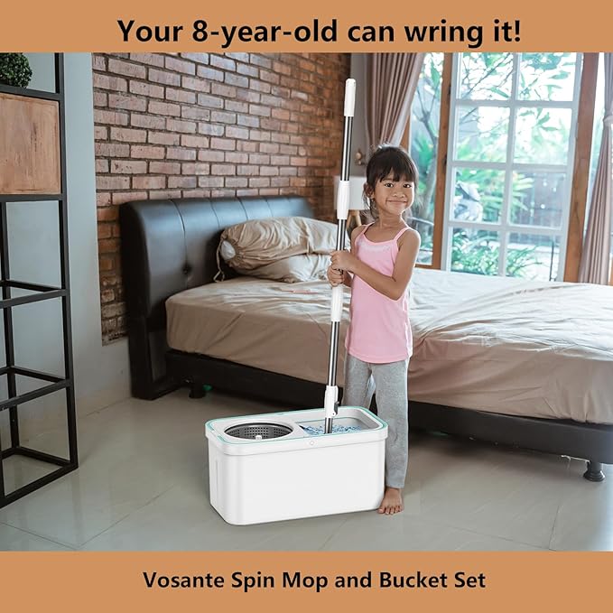Spin Mop and Bucket Set Non-Tilting 5-Gallon Mop Bucket with Wringer Mops for Floor Cleaning + Extra 6PC Mop Heads, Detachable Splash Guard Spin Basket, Extendable Silent Telescopic Handle