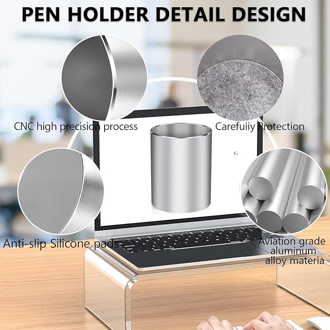 Pen Holder for Desk,Metal Aluminum Pencil Holder， for Pen Organizer for Desk, School, Home and Stationary Supplies, Advanced sense Pen Holder Non-Slip Silicone Bottom Round Silver Pencil Cup (Silver)
