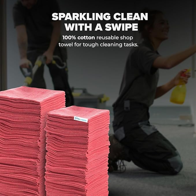 SIMPLI-MAGIC Cotton Shop Towels 14"x12" (100 Pack) – Reusable Cleaning Shop Rags for Automobiles, Industries, Garage and Homes (Red)