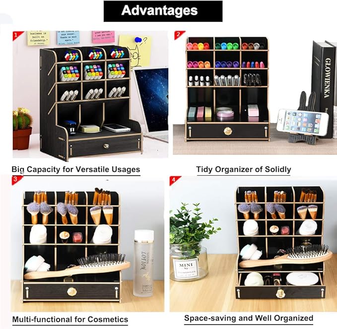 Marbrasse Wooden Desk Organizer, Multi-Functional DIY Pen Holder, Organizer for desk, Desktop Stationary, Easy Assembly, Home Office Art Supplies Storage with Drawer (B11-Black)