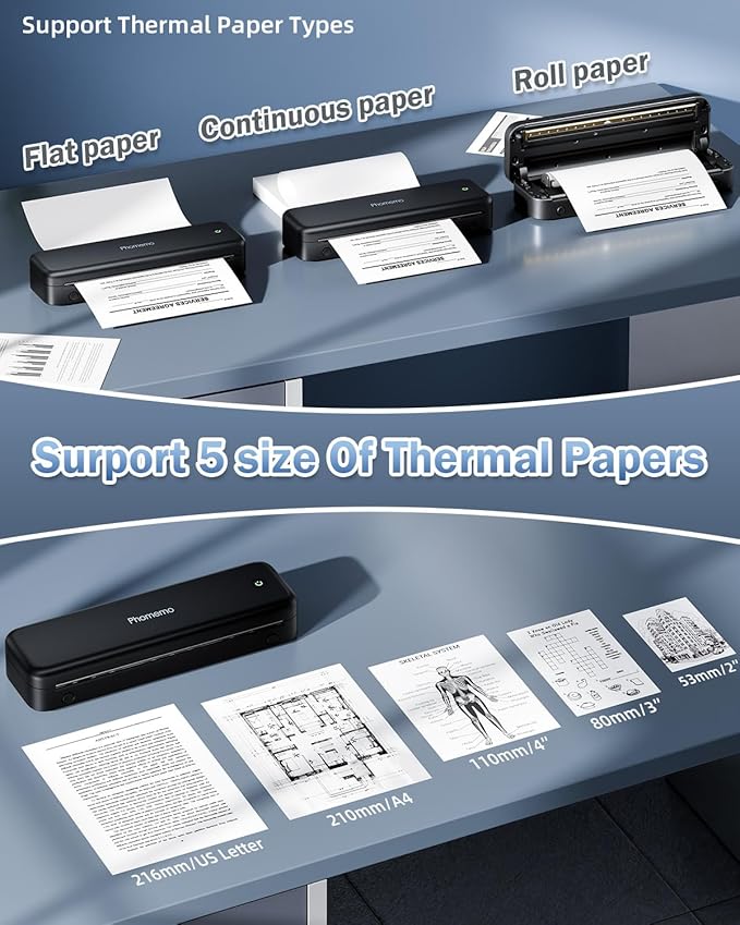 Phomemo M834 Portable Printer Wireless for Travel Upgraded, Bluetooth Thermal Printer 8.5" x 11"&A4, Compatible with iOS,Android & PC,Inkless Mobile Printers for Travel,Office,School,Home,Black