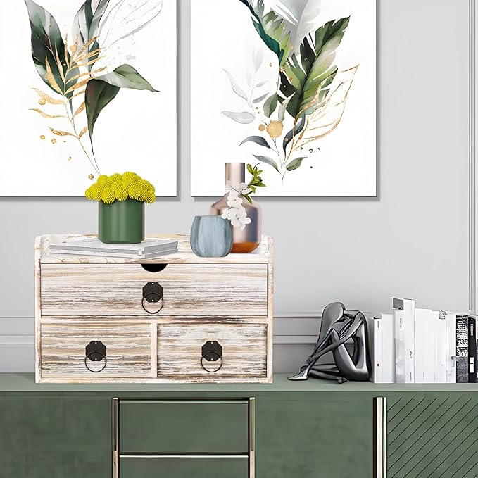 Vintage Wood Desk Organizer, Small Desk Organizer with Drawers, Tabletop Storage Organization Box for Office Home Toiletries Supplies, No Assembly Required (3 Drawer and Shelf)