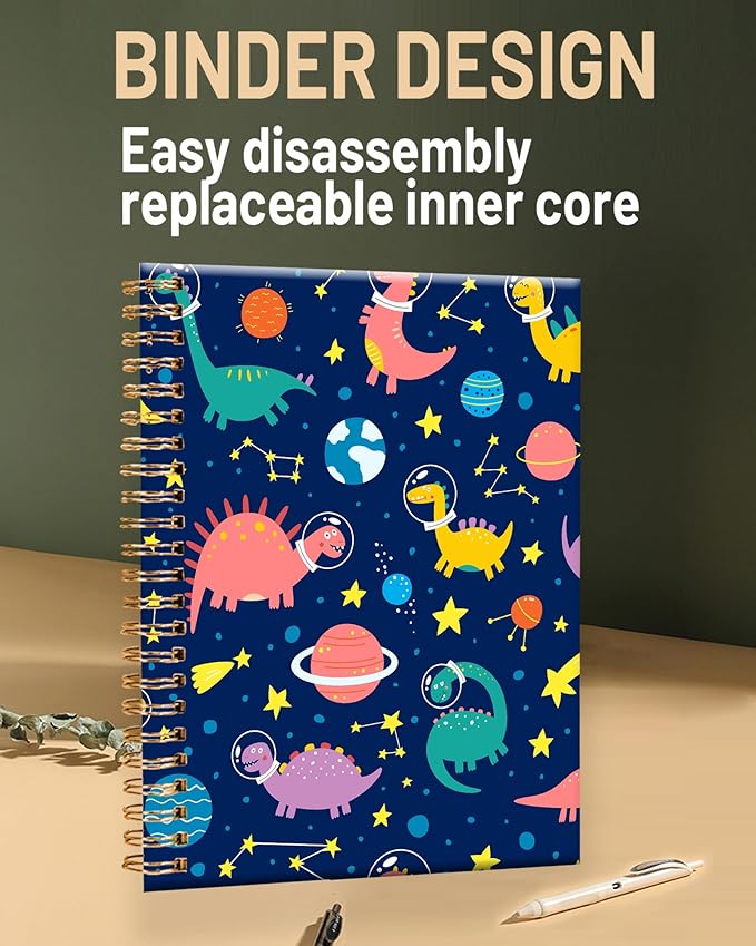 Spiral Journal Notebook for Women,A5 College Ruled Notebooks 6"x 8.4", 120 Pages Lined Journal with Premium Thick Paper,Perfect for School Office Home Gifts(Funny dinosaurs planets)