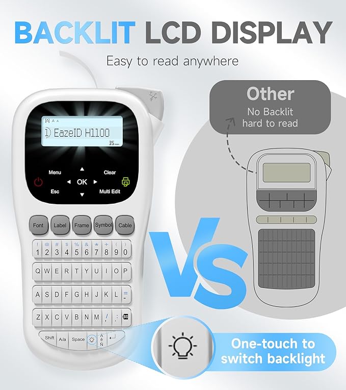 Label Maker Waterproof-Labels, Keyboard Label Maker Machine with-Tape12mm Laminated, Backlit Screen, Multiple Fonts & Symbols, Portable Inkless Labeler for Home Office School Use, H1100