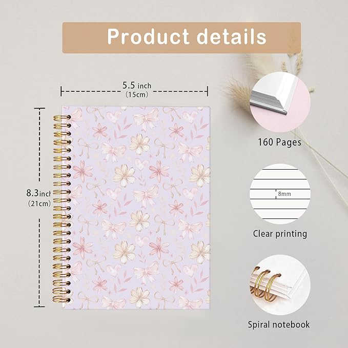 MOFUYU Cute Preppy Purple Bow Notebook Journals Diary,Preppy Cute Purple School Supplies for Teen Girls Women,Floral Hardcover Spiral Notebook A5
