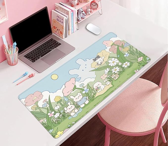 Cute Cartoon Bear Rabbit Cat and Flowers Extended Desk Pad Mouse Pad,Stitched Edges Non-Slip Rubber Base XL Mouse Mat Desk Mat for Office Home Work Floral Mousepad(27.5X11.8 Inch)